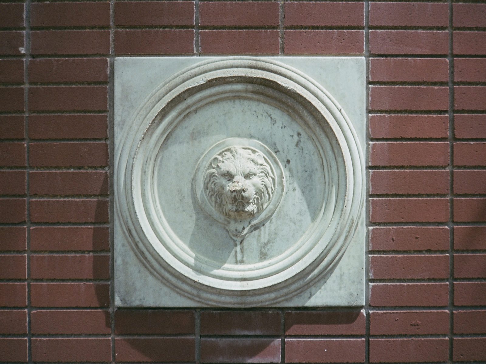 Stone lion's head relief on brick